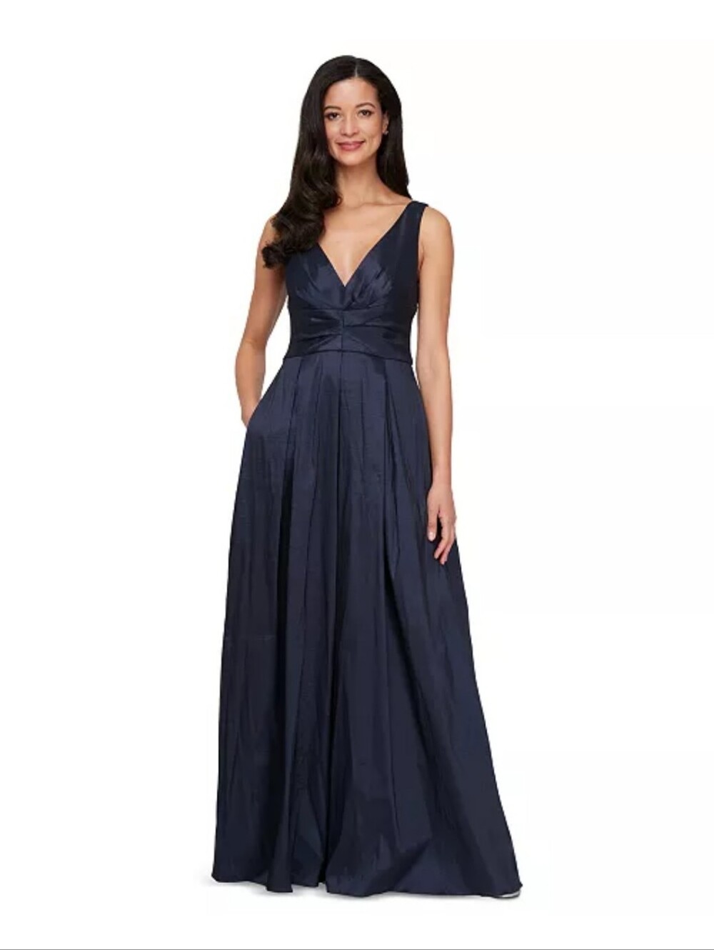 Alex Evenings Navy Blue Taffeta V Neck Ball Gown Dress Size 16 NWT Party